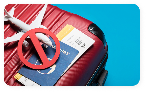 Símbolo de proibição sobre mala, passaporte e avião, indicando serviços não oferecidos.